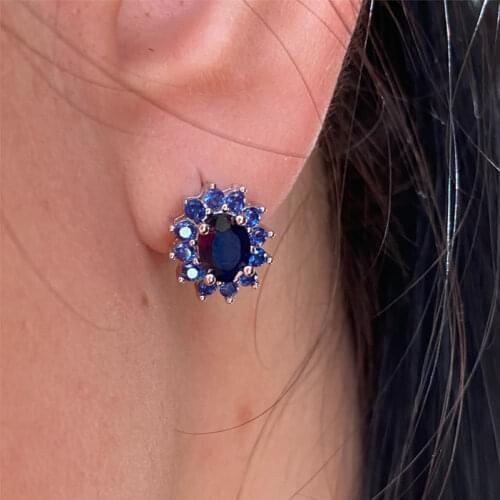 GEMS BALLET Princess Diana Natural Blue Sapphire Flower Earrings Ring Set 925 Sterling Silver Jewelry Set For Women Wedding