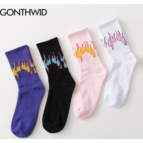 GONTHWID Fire Flame Socks Streetwear Hip Hop Fashion Harajuku Casual Cotton Skateboards Men Women Socks Black Blue White Pink