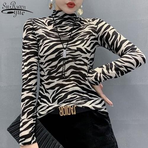 2021 New Women Turtleneck Top Female Cool Girls Hippop Streetwear Sexy Long Sleeve Shirt Women Zebra Stripe Slim T-shirt 11369
