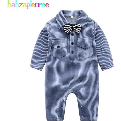 Spring Fall New Born Baby Costume Infant Clothes Fashion Gentleman Toddler Jumpsuit Casual Cotton Stripe Boys Rompers BC1478-1