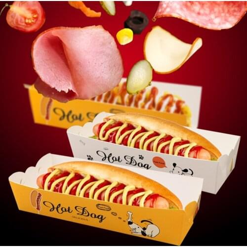 Disposable Hotdog Paper Box Food Grade Cantoon Fried Food Tray White Cardboard Anti-Oil Packing Box Rectangle Package Tool 50pcs