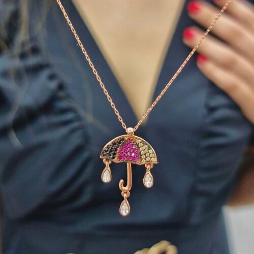 Colorful Zircon Stone Rain Drop Umbrella Handmade Necklace For Women Girls Valentines Day Fashion Jewelry Elegant
