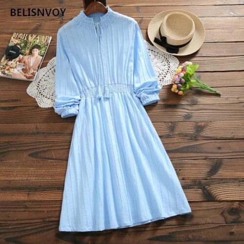 Mori Girl Long Sleeve Women Dress Autumn Spring Linen Stand Collar Tassel Elastic Waist Dress Sweet Girls Elegant Chic Dress