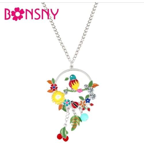 Bonsny Enamel Alloy Rhinestone Bird Branch Flower Fruits Necklace Pendant Floral Cartoon Jewelry For Women Girl Ladies Teen Gift