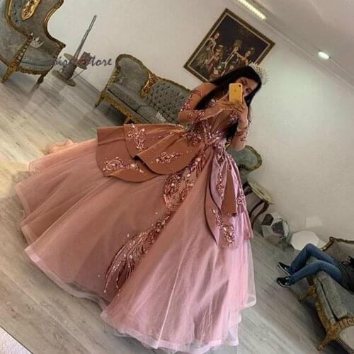 Dusty Pink Princess Quinceanera Dresses 2020 With Rose Gold Sequin Long Sleeve Sweet 16 Puffy Pageant Dress Vestidos De 15 Años