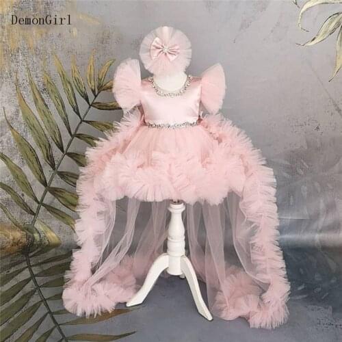 Puffy Pink Flower Girl Dress Organza Beading Children Wedding Party Dress Cute Ball Gown Princess Birthday Dresses Long Train