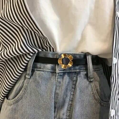 New Flower Buckle Belt Women Belts Fashion Punk Black PU Leather Thin Waist Strap For Female Jeans Dress Trousers Waistband