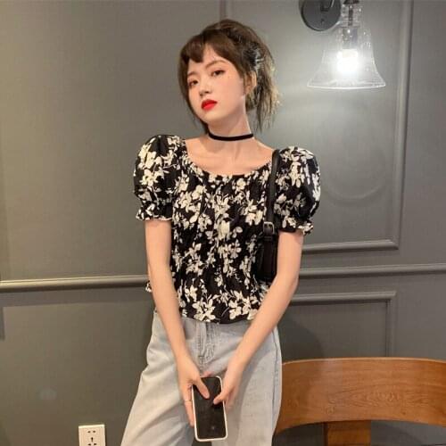 Shirt Temperament Round Neck Floral Short-sleeved Shirt Female Design Sense Niche Summer New Waist Short Top