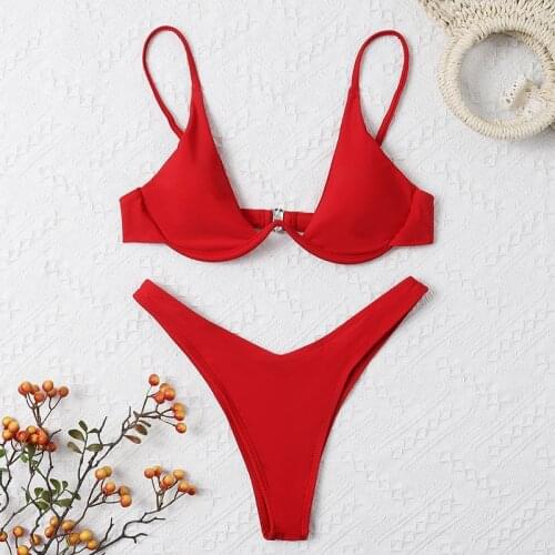 Sexy Underwire Bikini 2021 Women Solid Red Push Up Padded Triangle Swimsuit Haler V Neck Bathing Suit Mini Micro Thong Swimwear