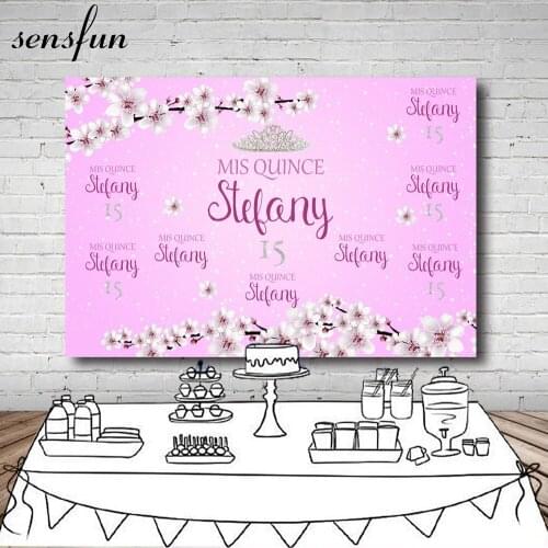 Sensfun Peach Blossom Pink Sweet 15 Birthday Party Backdrop Crown Customized Name Age Girl Photography Backgrounds Photo Prop