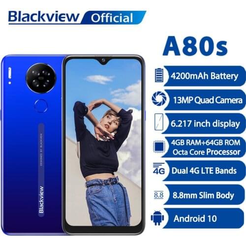 Blackview A80s 4GB+64GB Smartphone 13MP Quad Camera 4200mAh Android 10 Octa Core Face ID 4G Mobile Phone Fingerprint Telephone