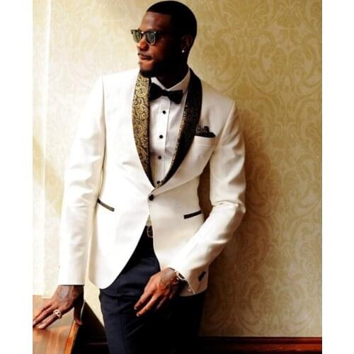 2 Piece Wedding Groom Tuxedo with Floral Shawl Lapel Custom Men Suits Male Fashion Costume White Jacket Black Pants 2021