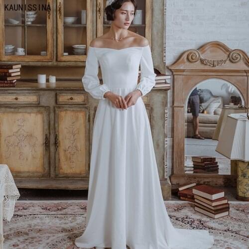 KAUNISSINA Off the Shoulder Wedding Gowns Custom Size Long Sleeve Elegant Wedding Dress Sweep Train Bride Vestidos De Noiva