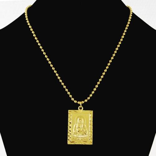 Vintage Retro Buddhism 24K Gold Plating Square Pendant Necklace for Men BoysYellow Gold Color Jewelry for Hiphop Party Costume