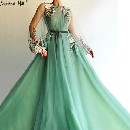 Green Long Sleeves Perspective Sexy Fashion Evening Dresses Handmade Flower Beach Fashion Evening Dresses Design LA6661