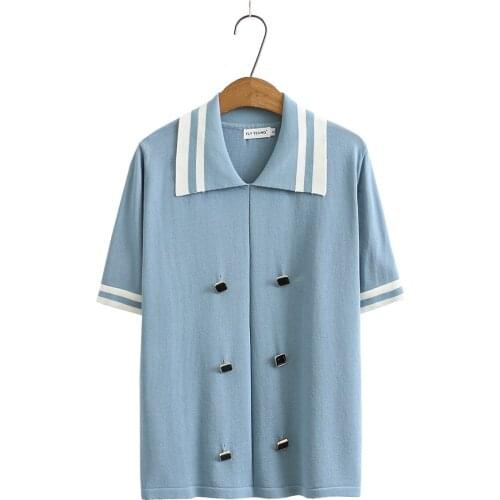 Plus size striped turn-down collar knitted short sleeve tshirt 2021 new summer casual black blue ladies t shirts female top