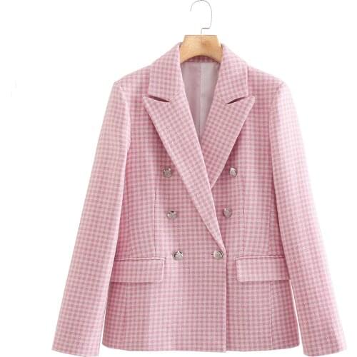 Women Jackets and Coats For Autumn 2021 Turn-down Collar Full Sleeve Elegant Houndstooth Double Breasted Blazer Outwear C2895