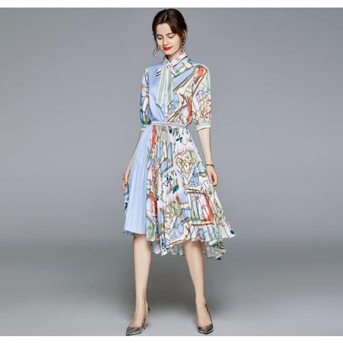 JSXDHK Runway Autumn Two Piece Set Women Hit Color Bow Flower Print Half Sleeve Shirt And Asymmetry Pleated Midi Skirts Suit