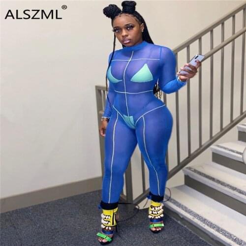 Blue mesh womens full length jumpsuit 2020 hot sale high street night club sexy lady romper see-through catsuit