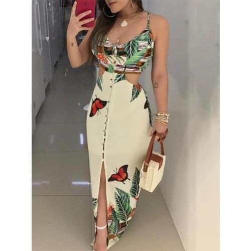 2020 Summer Women Elegant Long Casual Party Dress Female Maxi Dress Ladies V-Neck Spaghetti Strap Tropical Print Cutout Dress