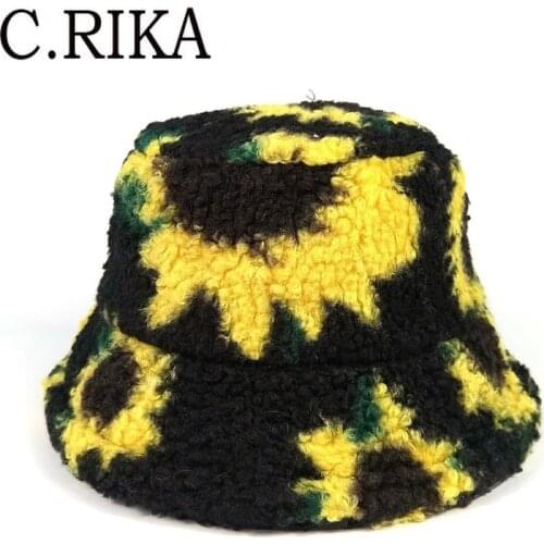2021 Winter Sunflower Lambswool Bucket Hats Women Outdoor Travel Sun Hat Bob Ladies Girl Thick Warm Velvet Fisherman Hat Panama
