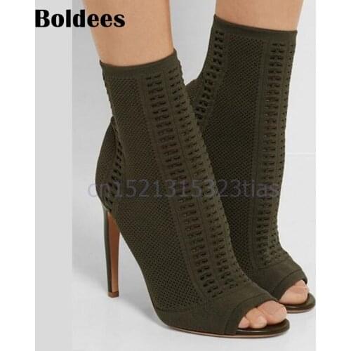 Black Stretch Open Toe Weave Sock Booties Women Shoes Ankle Boots Cut Out High Heels Shoes Pumps Woman Botines Mujer