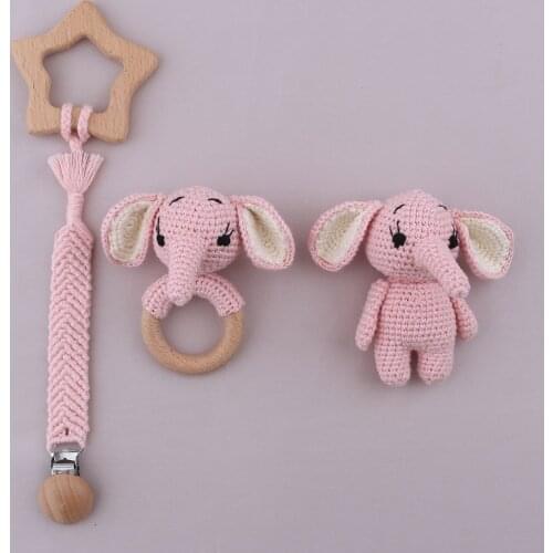 Crochet Elk Baby Teether Rattle Wooden Ring Newborn Teething Toys kawaii Stuffed Appease Doll for Infant Gym Educational Toy