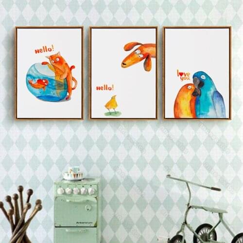 Modern Style Canvas Painting Wall Poster cartoon animals picture fish cats zebra hippo letters hello for Home Rooms Wall Decora