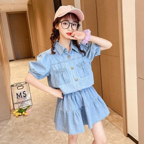 Girls sets 2021 summer new teenage girl blue denim outfits button shirts and shorts 2pcs suits wholesale