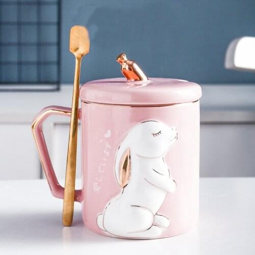 Cartoon rabbit pattern mug with spoon lid Ceramic Tea Cup Water Drinkware gift box for Valentines Day