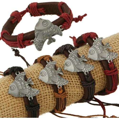 Fashion Vintage Fish Bracelet Handmade Alloy Charm Genuine Leather Women Men Kids Retro Goldfish Wrap Wristbands Bangle Jewelry