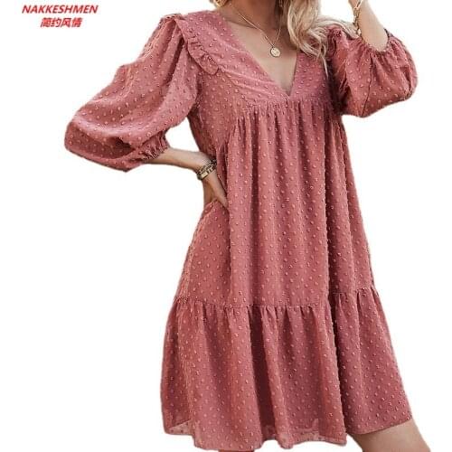 NAKKESHMEN-Spring/summer 2021 V-neck Slim Solid Color Fashion Ladies Chiffon Lantern Sleeve Dress