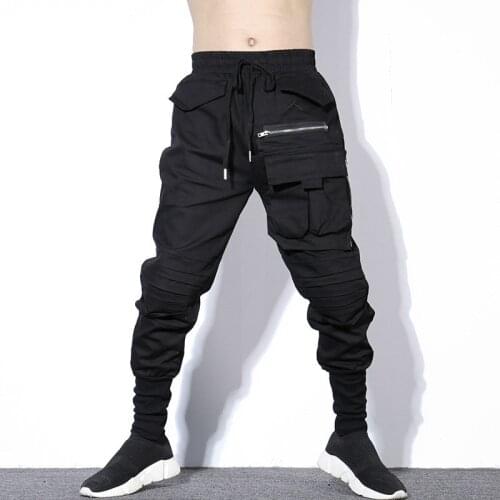 #7504 Autumn Winter Black Pleated Pencil Harem Pants Men Plus Size HipHop Pants Mens With Big Pockets Zipper Korean Streetwear