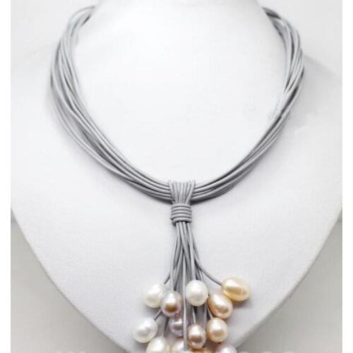 Natural Rice-shape 10-12 MM Colorful Freshwater Pearl Pendant Necklace