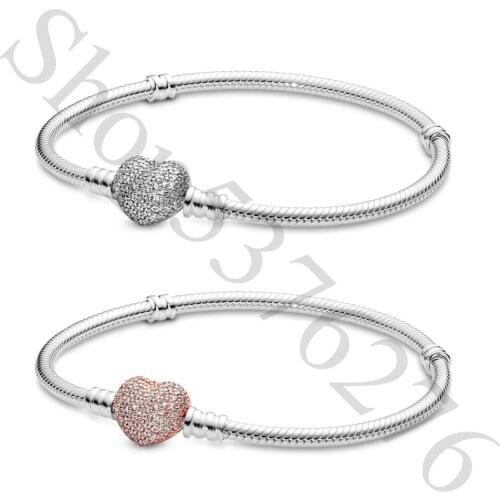 Authentic 925 Sterling Silver Moments Pave Heart Fashion Bracelet Fit Pandora Women Bead Charm Bangle Gift DIY Jewelry