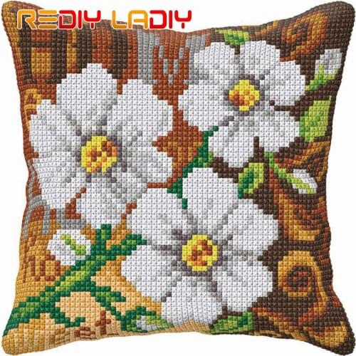 DIY Cross Stitch Cushion White Daisies Needlepoint Kits Pre-Printed Canvas Thick Yarn Cross-stitch Pillow Case Arts and Crafts