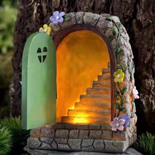 Fairy Door Solar Light Steps Stone Door Miniature Secret Magical Fairy Garden Ornament Outdoor Figurine 15cm Tall