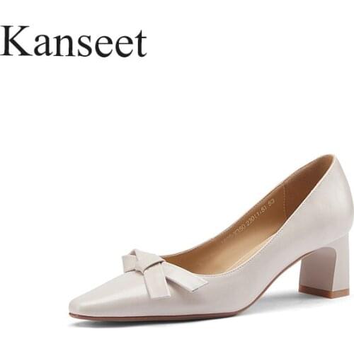 Kanseet Women Shoes Butterfly-Knot Genuine Leather 2021 Spring Autumn Party Dress Daily Thick Heels Square Toe Female Shoes