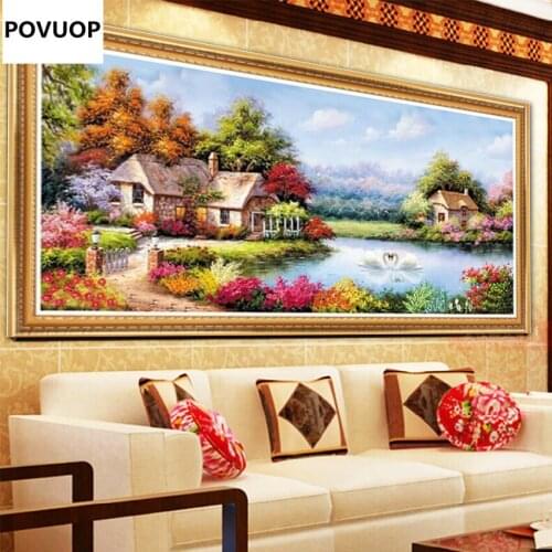 POVUOP Ribbon embroidery 100X55cm rustic 5d print three-dimensional embroidery cross stitch paintings