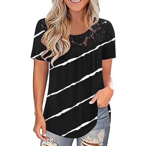 Womens Fashion Lace Splicing Tshirt Women 2021 O-Neck Stripe Women Shirts For Summer Short Sleeve T-Shirt Casual Tops Tee