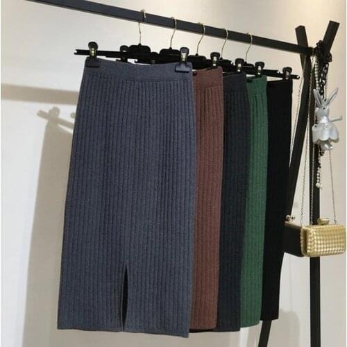 50-70CM High Waist Skirts Women 2020 Spring Autumn Warm Elegant Knitted Pencil Skirt Ribbed Mid-Long Skirt Black Party Skirt