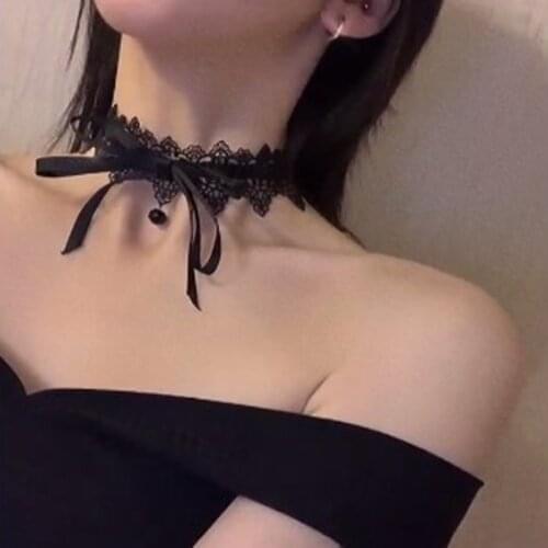 Lolita Style Bow Lace Choker Necklace for Women Black White Hollow Retro Lace Ribbon Neckband Clavicle Chain Choker Dark Girl
