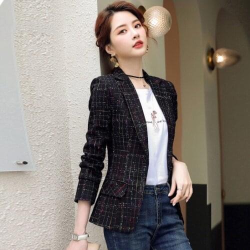 2021 Plus siz 4XL Autumn Blazer Women Office Wear long sleeve tweed elegant coat ladies chic tops vintage plaid suit jackets