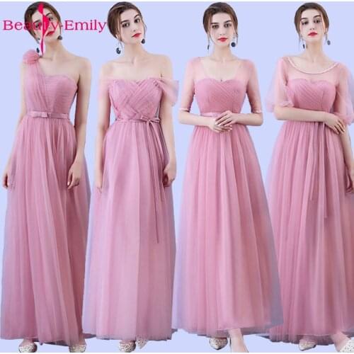 Beauty Emily Long Bridesmaid Dresses 2019 Pink A-Line Sleeveless Strapless Floor-Length Off the Shoulder Homecoming Party Dress