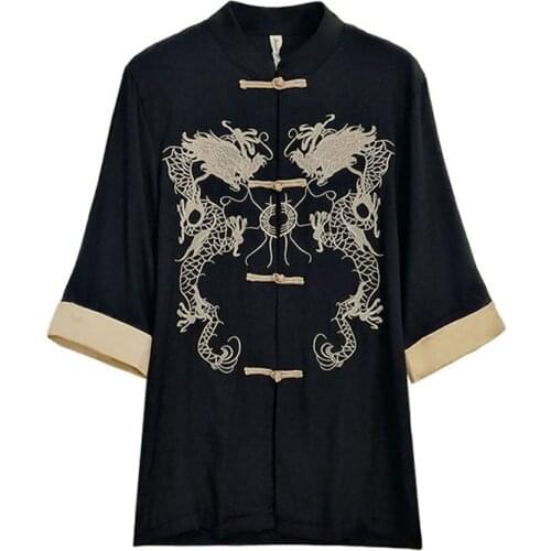 Black Gothic Tang Suit Shirt Dress for Girls Women Chinese Traditional Blouse Single Breasted Dragon Embroidery Jacket Coat