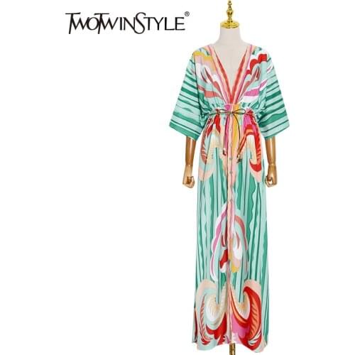 TWOTWINSTYLE Colorblock Lace Up Boho Dress For Women V-neck Half Sleeve High Waist Long Dresses Females 2021 Summer New Clothing