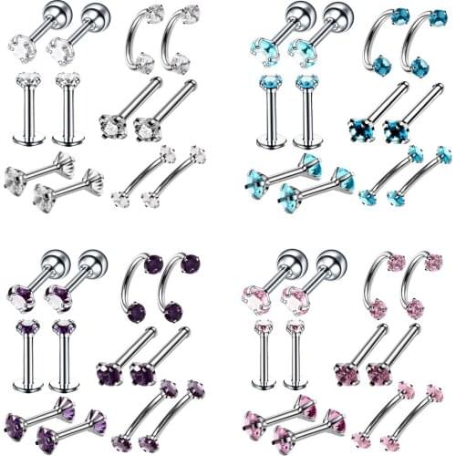 12pcs Stainless Steel Colored Zircon Piercing Barbell Lip Nose Ring Piercing
