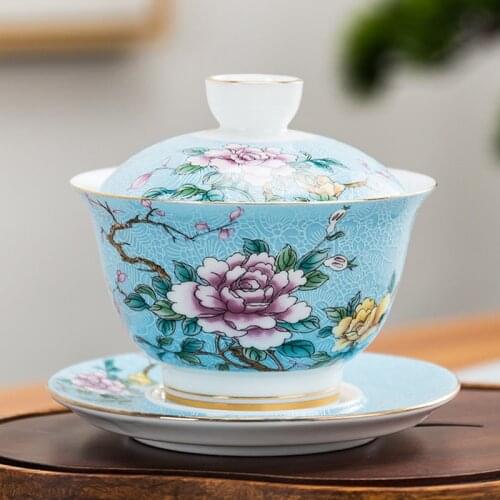 145ml Flowers Tea Tureen Ceramic Porcelain Tea Bowl with Lid Saucer Set Enamel Teaware Chinese Gaiwan Master Cup Drinkware Gift