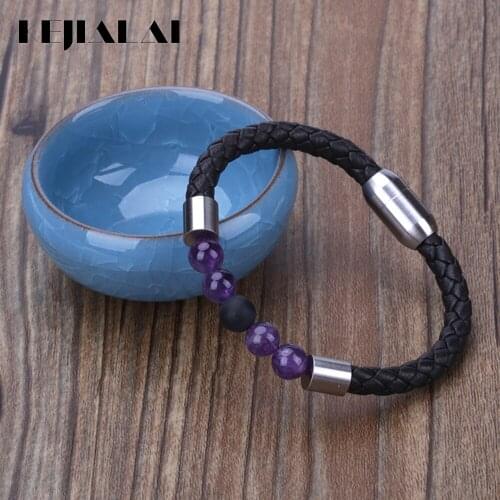 2020 New Product Multi Colors Natural Semi Precious Stone Bead Stainless Steel Charms Brown Leather Handmade Unisex Bracelet