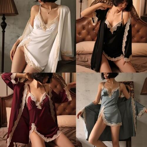 Satin Women Sleepwear with Lace Two Pieces Bathrobe Short Spaghetti Lingerie Custom Made Bath Robe